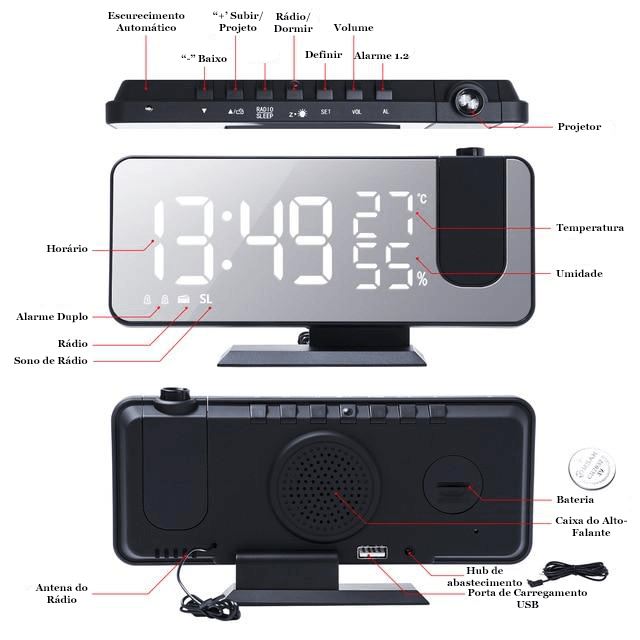 Relógio Digital LED Smart Alarm com Projetor 180° Lemon Store 