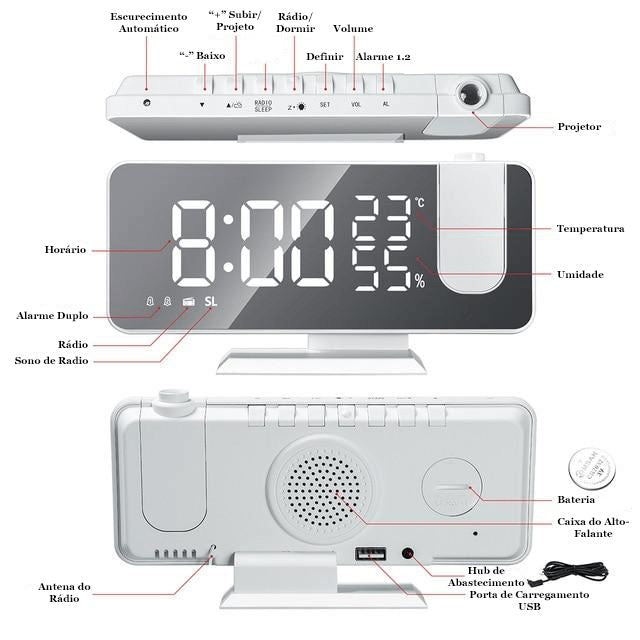Relógio Digital LED Smart Alarm com Projetor 180° Lemon Store 